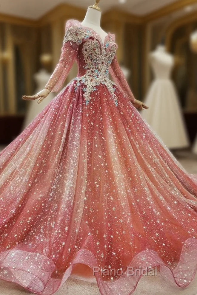 Fit Your Body Type Red Ball Gown Tulle Sequins Long Sleeve Beading Crystal Wedding Dresses Main image