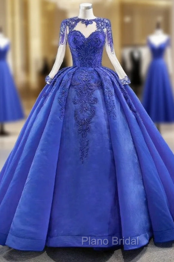 Fit Your Body Type Royal Blue Ball Gown Organza Beading Long Sleeve Formal Prom Dresses Main image
