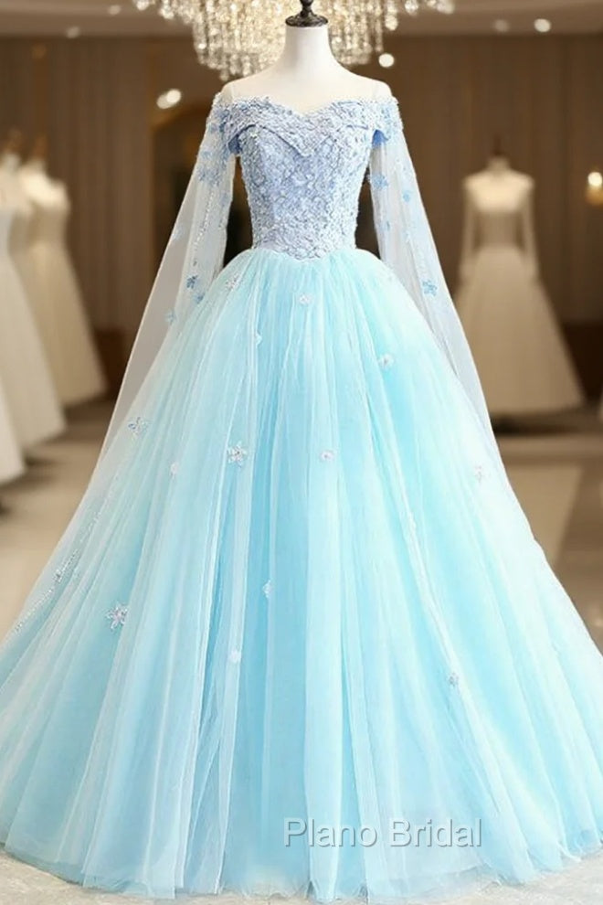 Fit Your Fashion Sense Light Blue Ball Gown Tulle Off the Shoulder Appliques Quinceanera Dresses Main image