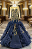 Fit Your Fashion Sense Navy Blue Mermaid Long Sleeve Satin Tulle Beading Formal Prom Dresses