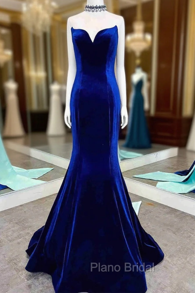 Fitted Mermaid Royal Blue Velvet Formal Prom Dresses With Bow Main image