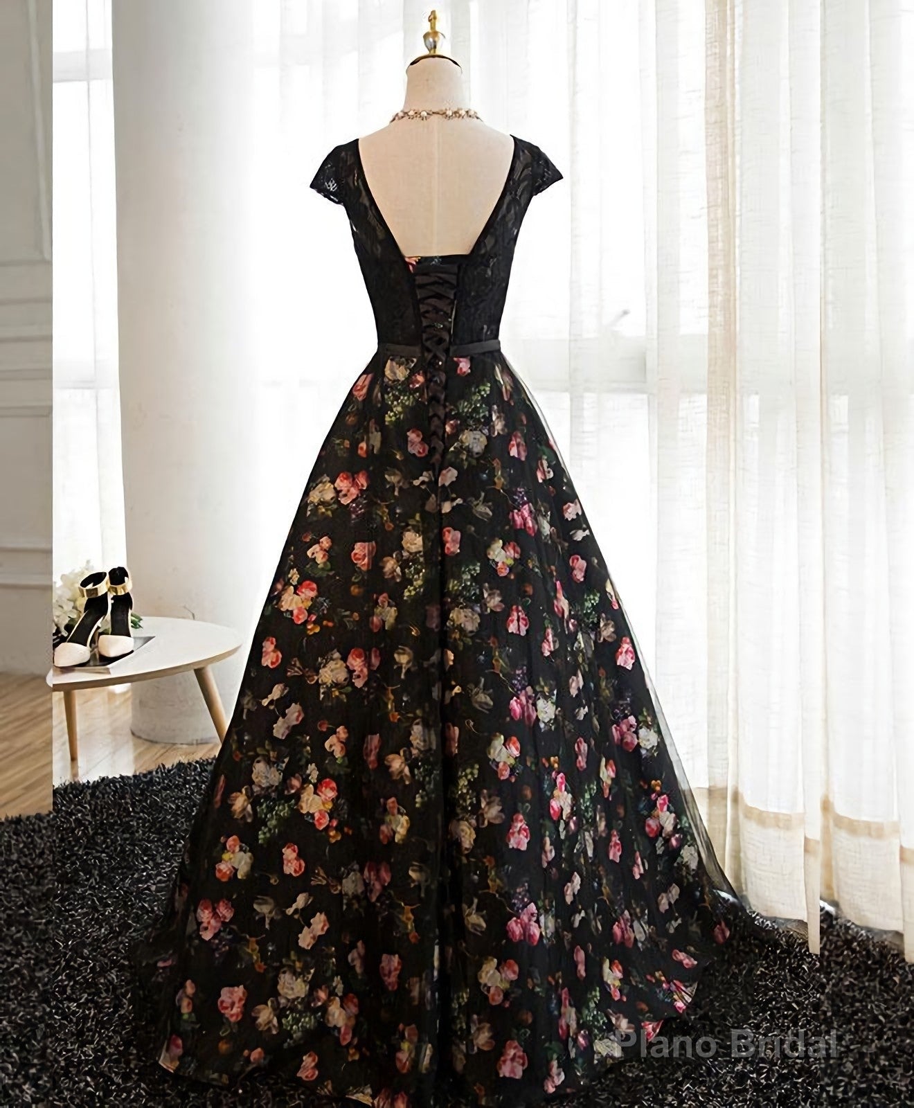 Black Lace Floral Patterns Long Prom Dress, Black Evening Dress Secondary image