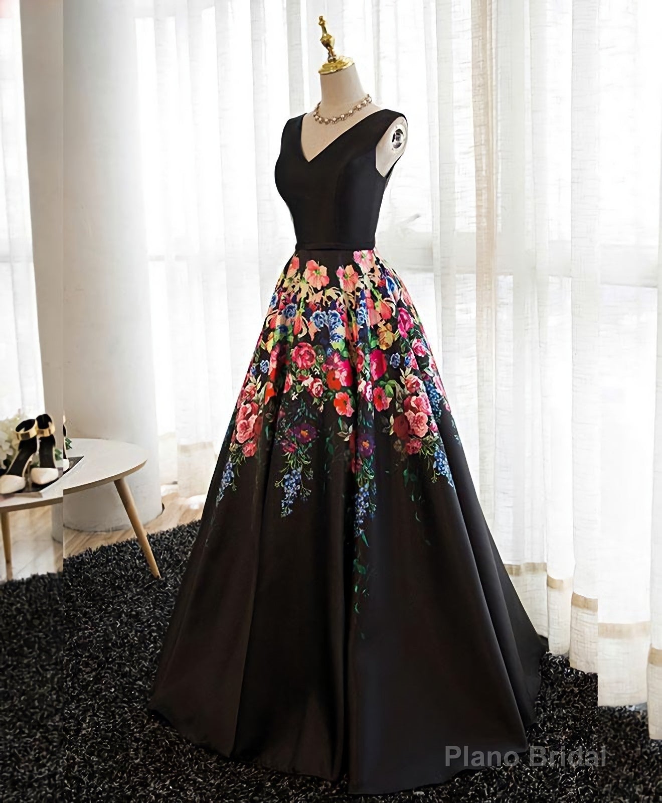 Black V Neck Floral Patterns Long Prom Dress, Black Evening Dress
