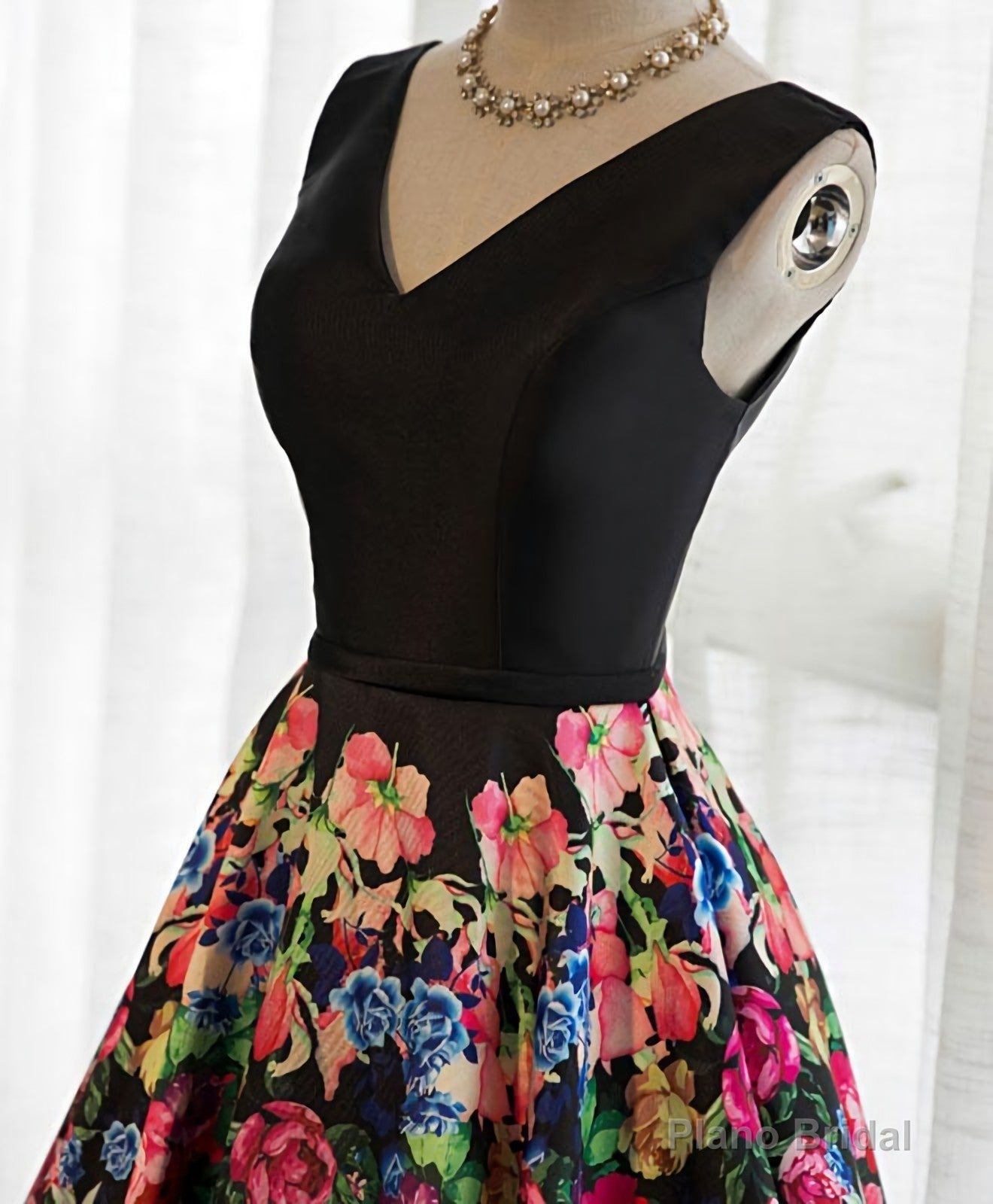 Black V Neck Floral Patterns Long Prom Dress, Black Evening Dress Secondary image