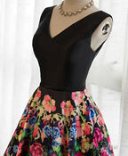 Black V Neck Floral Patterns Long Prom Dress, Black Evening Dress