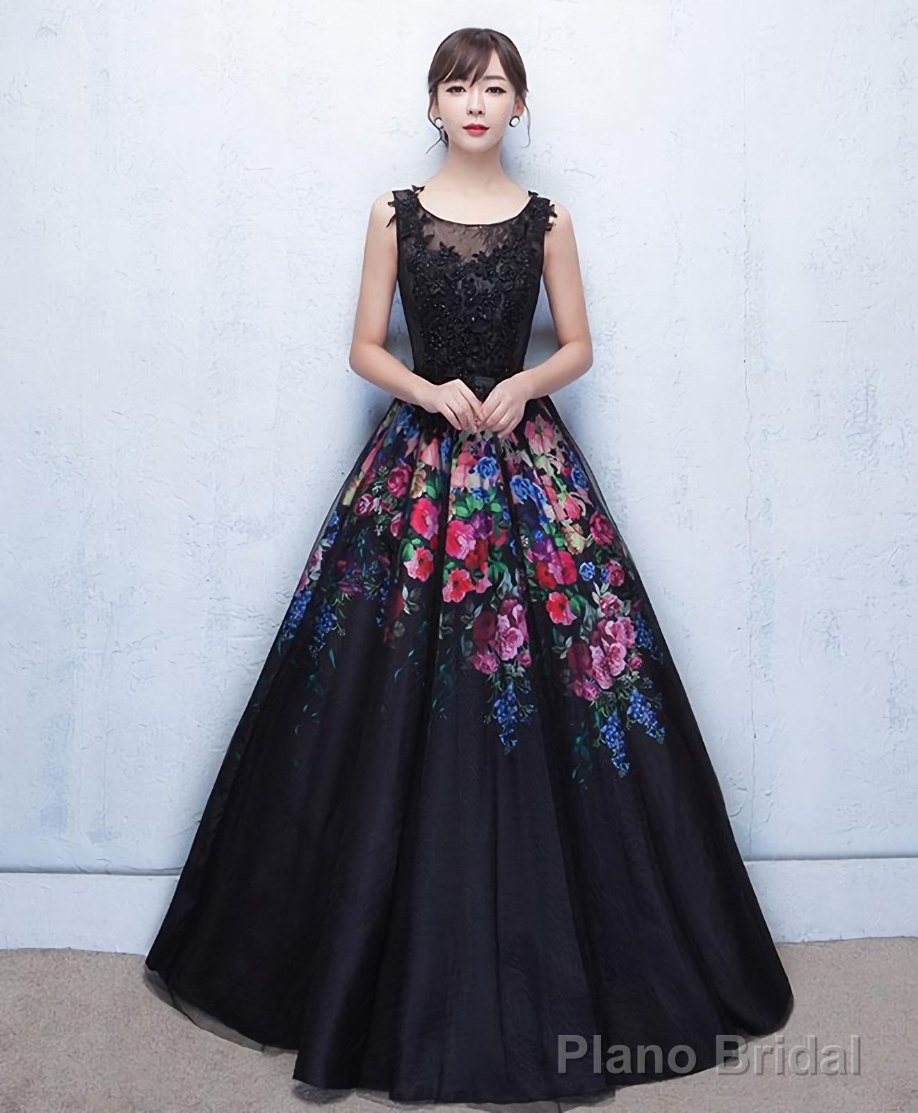 Black Floral Patterns Long Prom Dress Black Evening Dress Main image