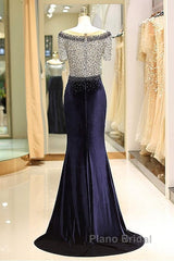 Fleece & Lace Scoop Short Sleeve Mermaid Evening Dresses