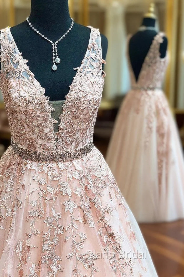 Floor Length Blush Pink Formal Prom Dresses With Lace Appliques
