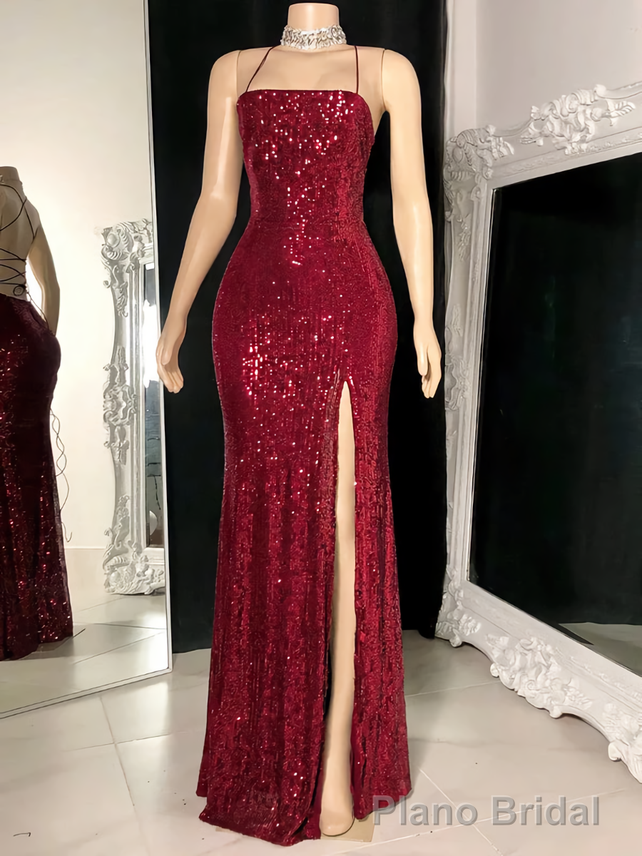Floor Length Burgundy Sequin Long Evening Dresses Main image