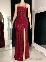 Floor Length Burgundy Sequin Long Evening Dresses