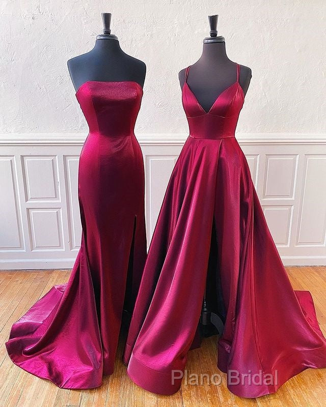 Floor Length Long Satin Burgundy Formal Prom Dresses With Split