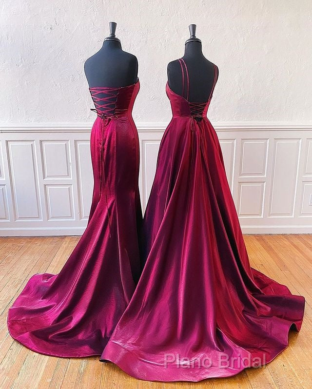 Floor Length Long Satin Burgundy Formal Prom Dresses With Split