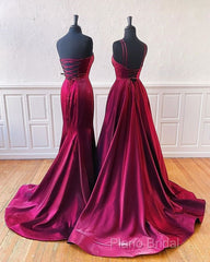 Floor Length Long Satin Burgundy Formal Prom Dresses With Split