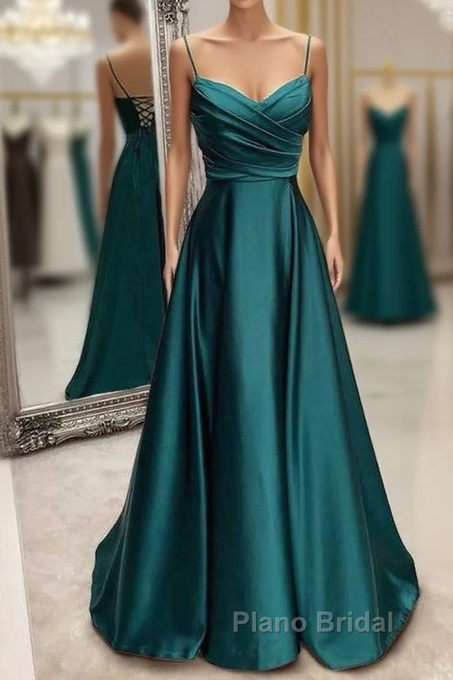 Floor-Length Satin Green Formal Prom Dresses A-Line  With Pleated Main image