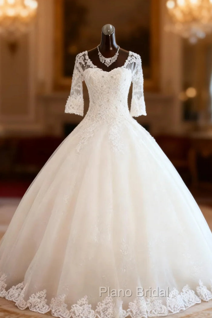 Floor Length Tulle Ball Gown Beading V neck 3/4 Sleeves Bateau Wedding Dresses Main image