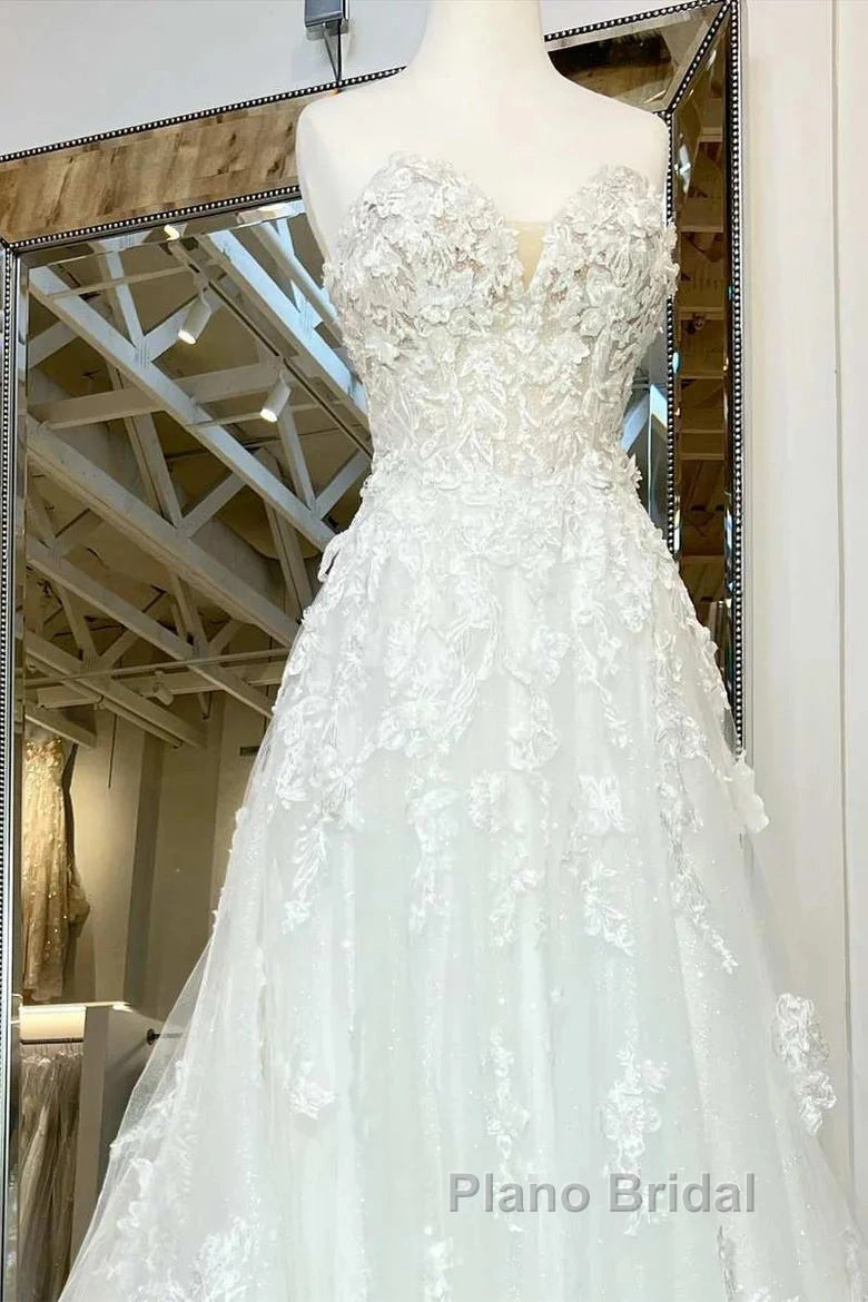 Floral Applique Sweetheart Long Wedding Dresses With Sweeping Train