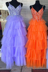 Floral Lace V-Neck Multi-Tiered A-Line Formal Prom Dresses