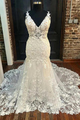 Floral Lace V-Neck Trumpet Long Wedding Dresses
