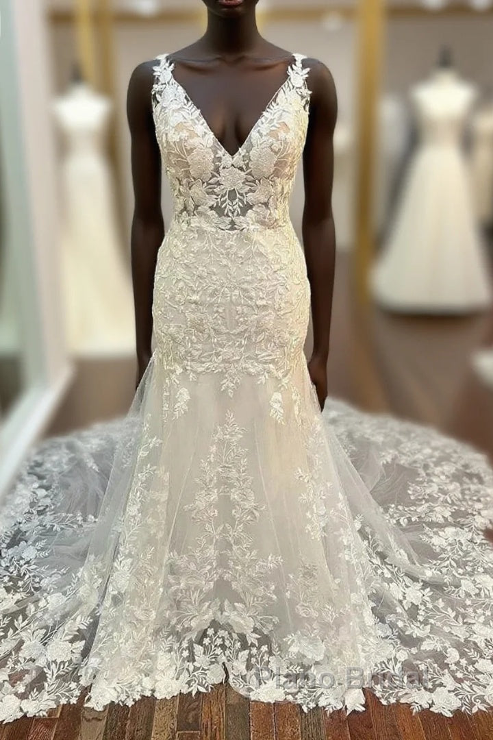 Floral Lace V-Neck Trumpet Long Wedding Dresses Main image