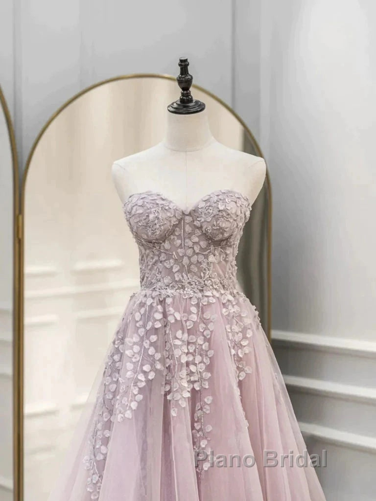 Floral Strapless Pink Lace Appliques Long Formal Prom Dresses Secondary image