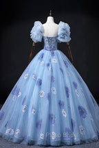Floral Tulle Long Formal Prom Dresses, Blue Short Sleeve Evening Dresses