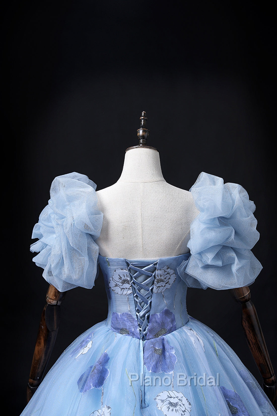 Floral Tulle Long Formal Prom Dresses, Blue Short Sleeve Evening Dresses