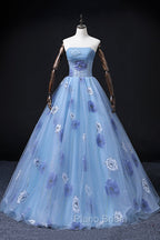 Floral Tulle Long Formal Prom Dresses, Blue Short Sleeve Evening Dresses