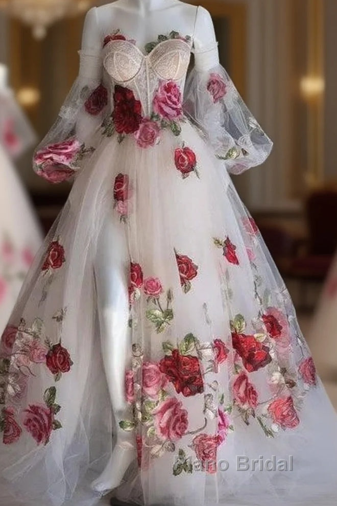 Flowers Appliques Princess A Line Champagne Formal Prom Dresses With Slit