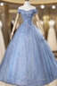 For The Very Best In Unique Or Custom. Blue Ball Gown Tulle Sequins Off the Shoulder Beading Quinceanera Dresses