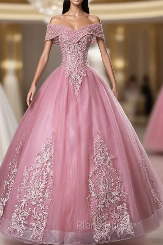 For This Year Biggest Dance Pink Ball Gown Tulle Appliques Beading Off twe Shoulder Quinceanera Dresses