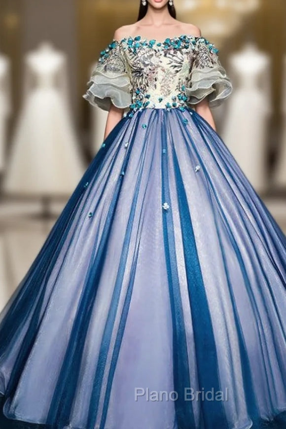 For Your Big Night Blue Ball Gown Tulle Off the Shoulder Puff Sleeve Quinceanera Dresses Main image