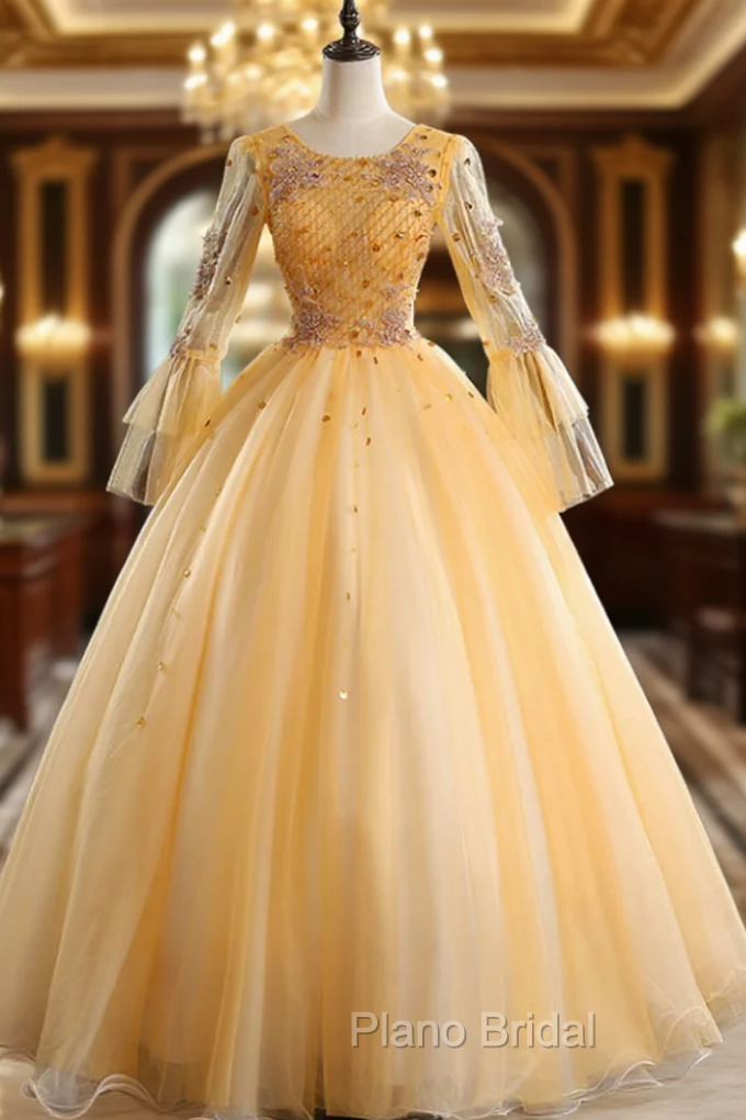 For Your Big Night Gold Ball Gown Tulle Long Sleeve Beading Quinceanera Dresses Main image