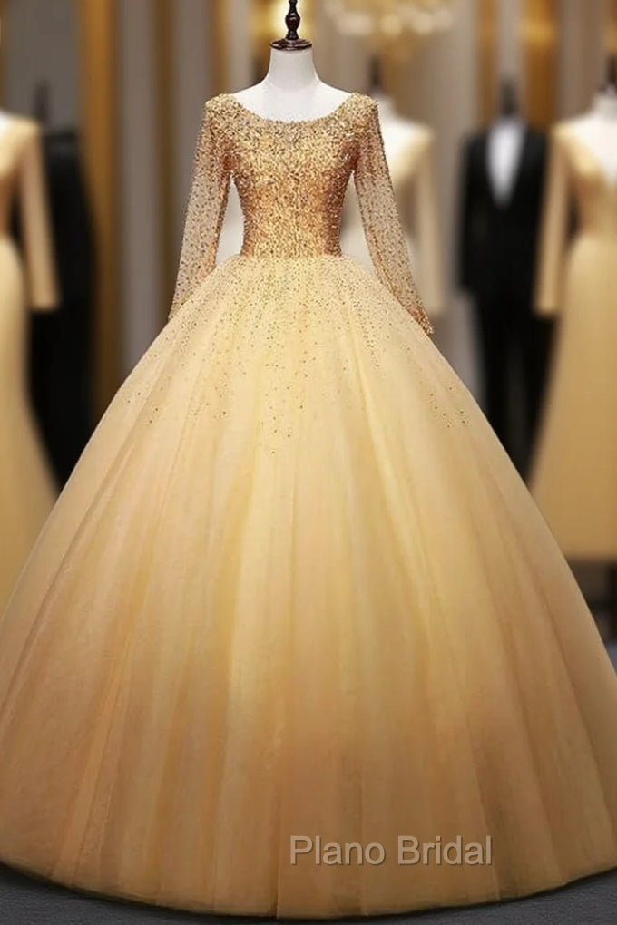 For Your Big Night Gold Ball Gown Tulle Long Sleeve Beading Sequins Quinceanera Dresses Main image