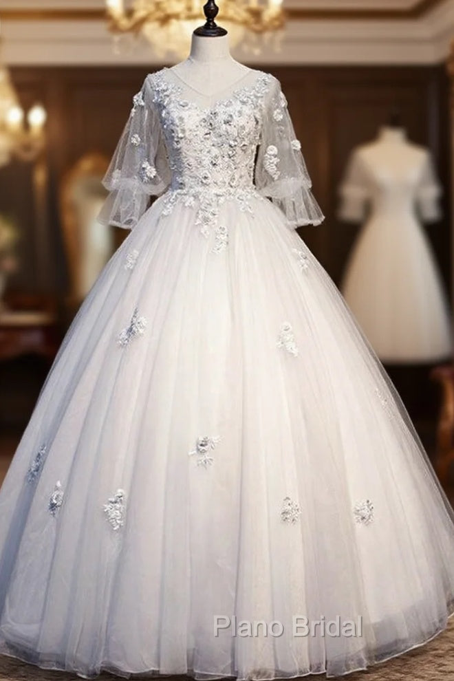 For Your Big Night Light Gray Tulle Ball Gown Short Sleeve Appliques Quinceanera Dresses Main image