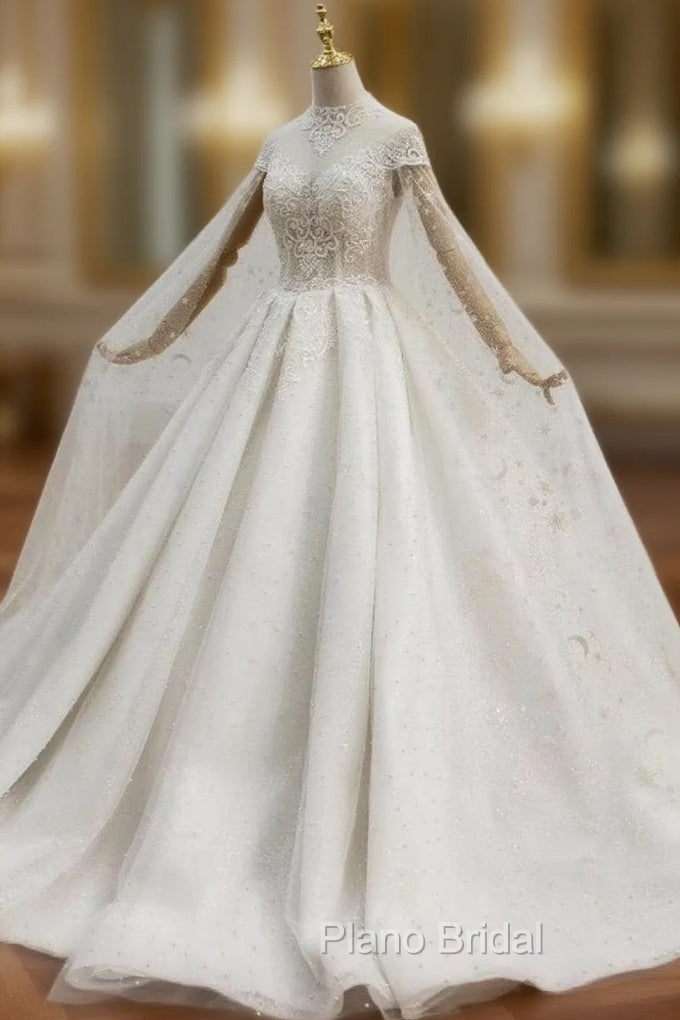 For Your Big Night White Tulle High Neck Cap Sleeve Backless Pearls Beading Wedding Dresses Main image