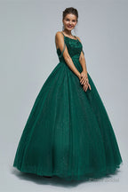 Dark Green Lace Up Beading Long Prom Dresses