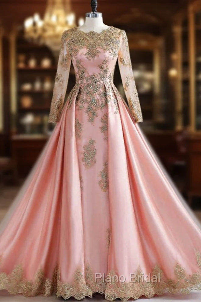 Formally Gold Lace Appliques Pink Tulle Long Sleeve Formal Prom Dresses Main image