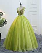 Fresh Green Tulle V Neck Long Lace Up Senior Formal Prom Dresses With Applique