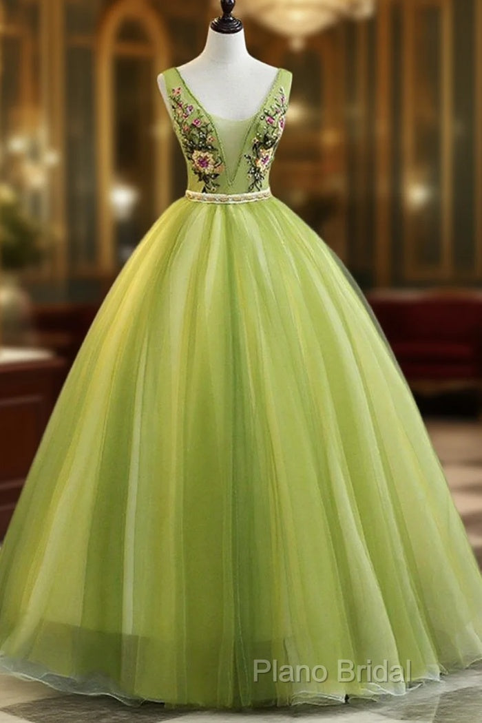 Fresh Green Tulle V Neck Long Lace Up Senior Formal Prom Dresses With Applique Main image