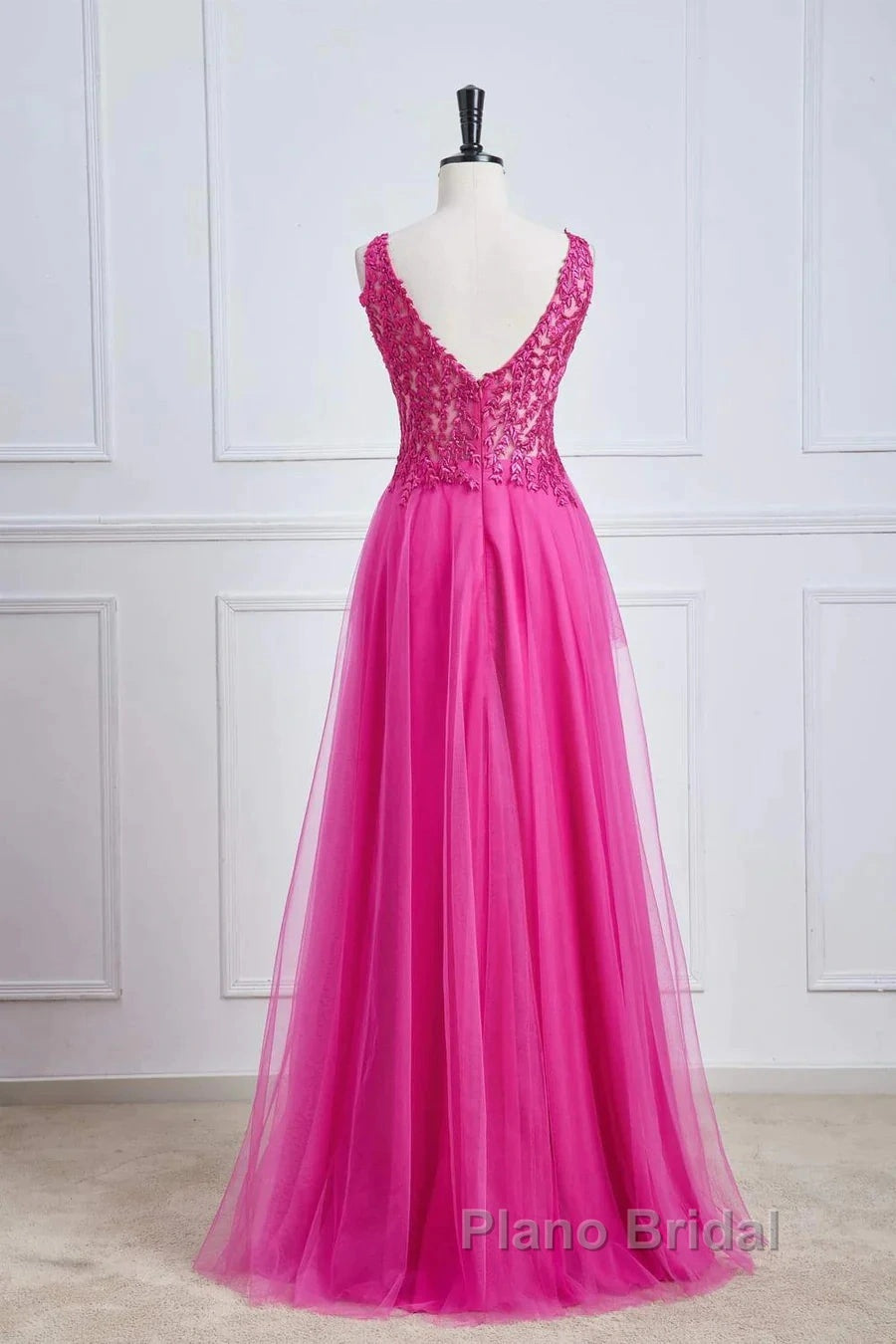 Fuchsia A-Line Long Formal Prom Dresses Plunging V Neck Floral