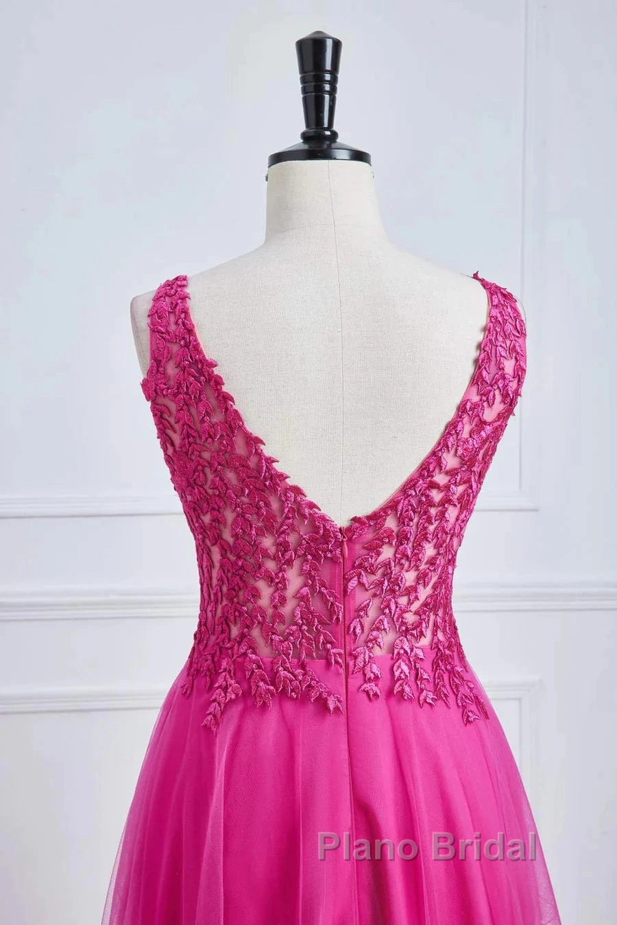 Fuchsia A-Line Long Formal Prom Dresses Plunging V Neck Floral