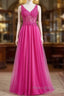 Fuchsia A-Line Long Formal Prom Dresses Plunging V Neck Floral