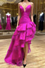 Fuchsia A Line V Neck Irregular Long Formal Prom Dresses