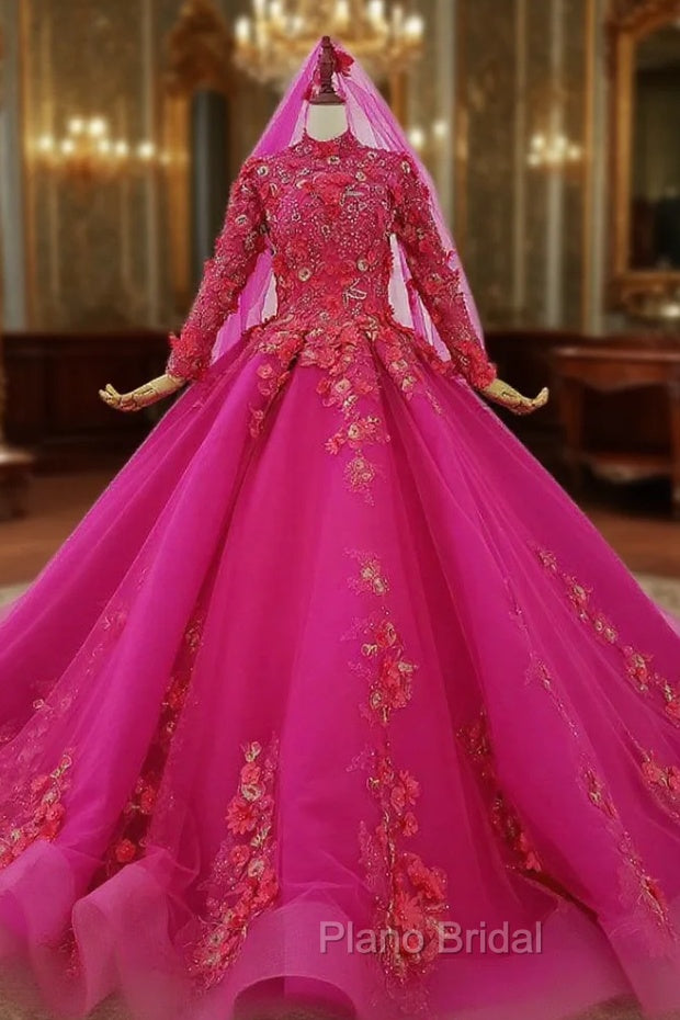 Fuchsia Ball Gown High Neck Long Sleeve Appliques Beading Wedding Dresses Main image