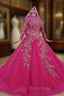 Fuchsia Ball Gown High Neck Long Sleeve Embroidery Appliques Wedding Dresses