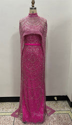 Fuchsia Beading Formal Prom Dresses Sweep Train High Neck Zipper Sleeveless Evening Dresses