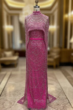 Fuchsia Beading Formal Prom Dresses Sweep Train High Neck Zipper Sleeveless Evening Dresses