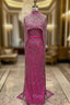 Fuchsia Beading Formal Prom Dresses Sweep Train High Neck Zipper Sleeveless Evening Dresses