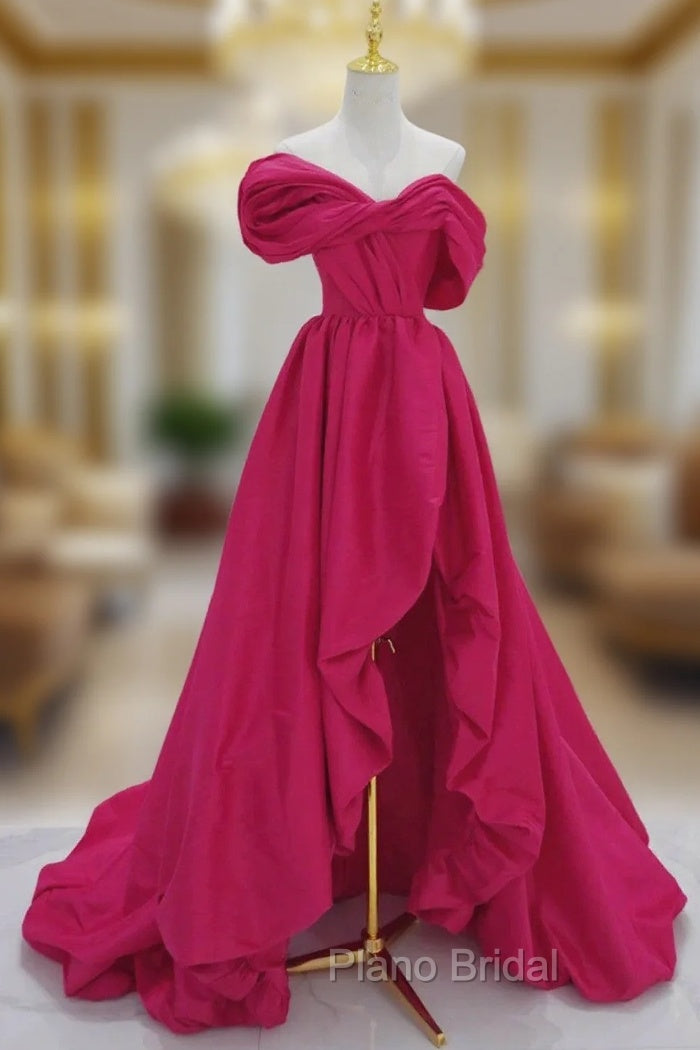 Fuchsia High Low Off Shoulder Party Dresses, High Low Formal Prom Dresses Formal Dresses