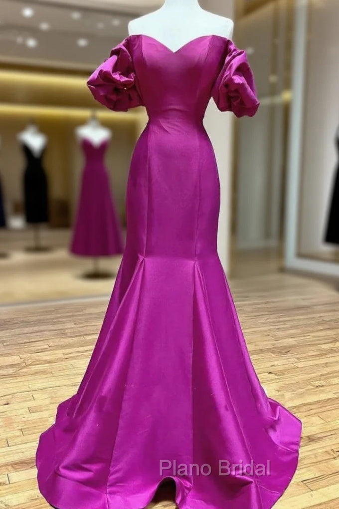 Fuchsia Mermaid Satin Strapless Puff Sleeve Formal Prom Dresses Main image
